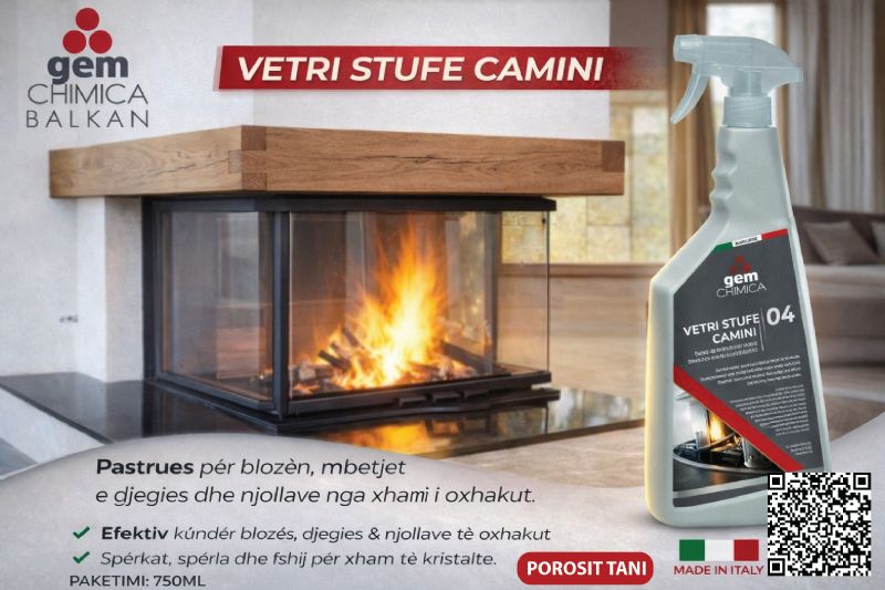 Detergjent per xhama oxhaku dhe sobe N04 – VETRI STUFE CAMINI nga Gem Chimica Balkan, pastrues per xham oxhaku, detergjent per heqjen e blozes, pastrues per xhama sobash, produkt per pastrim xhami oxhaku, detergjent per mbetje djegieje