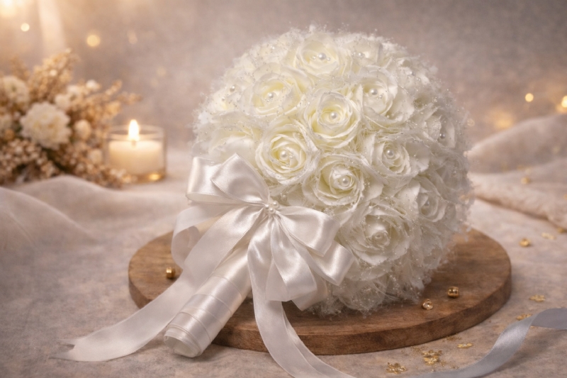 Buqetë Nuseje me Lule të Balsamosuara, Fjongo dhe Perla, Elegancë për Ditën e Martesës nga KONFETAT E ARTA, surprize per dite martese, dhurata me stil minimalist, konfeta me mesazh dashurie, artikull simbolik per nuse, kujtim per celebrim familjar