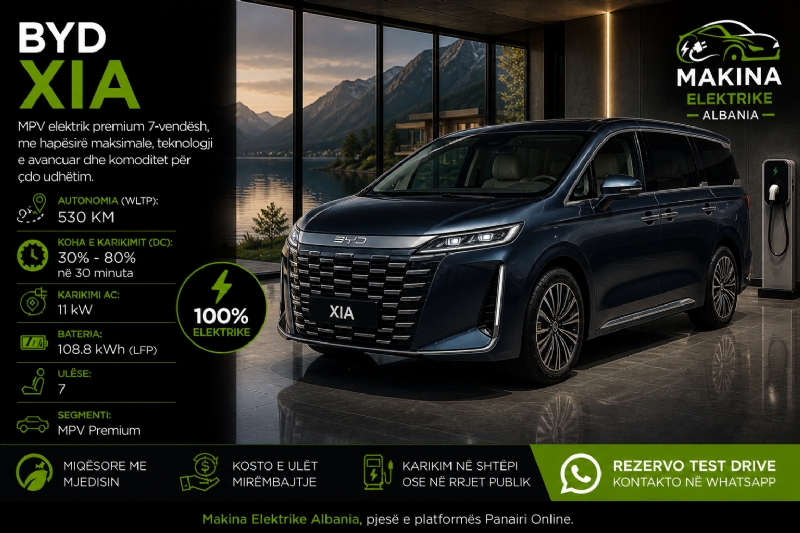 BYD XIA, makinë elektrike MPV moderne me hapësirë të madhe dhe teknologji të avancuar, ideale për familje, biznes dhe transport pasagjerësh me komfort maksimal.