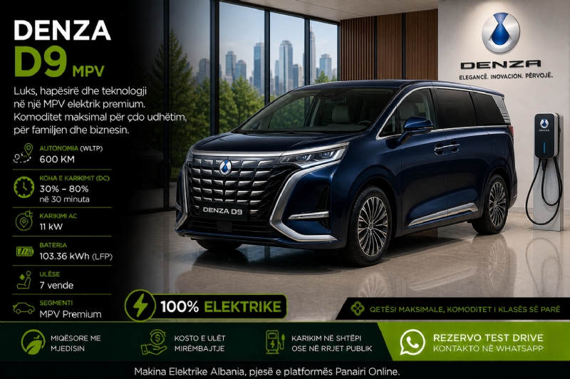 DENZA D9, makinë elektrike MPV premium me hapësirë të madhe dhe luks maksimal, ideale për familje, biznes, transport VIP dhe udhëtime të gjata me komfort të lartë.